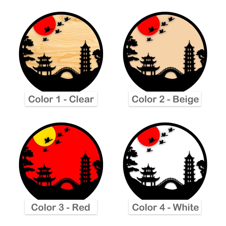 May include: Four variations of a wall decor design featuring a black silhouette of a Japanese pagoda, bridge, and trees against a circular background. The background colors are clear, beige, red, and white.