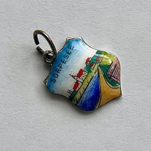 Vintage German Enamel 800 Silver Charm Sorpesee, bracelet pendant, Scenic Germany, Silver travel shield charm