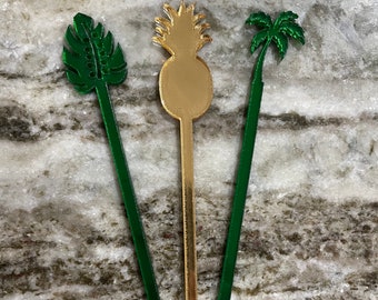 Tropical Cocktail Stirrer-Drink Stirrer-Stir Stick-Swizzle Sticks-6 Pack-Birthday-Baby Shower-Custom Stirrer-Palm Tree-Pineapple-Palm Leaf