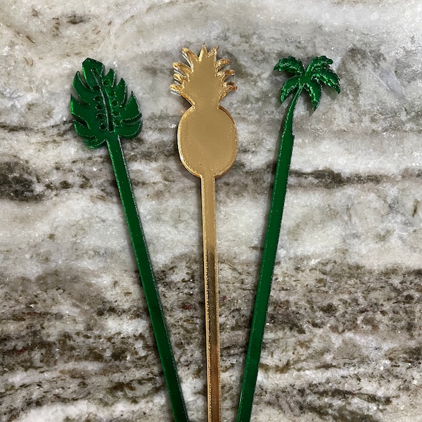Tropical Cocktail Stirrer-Drink Stirrer-Stir Stick-Swizzle Sticks-6 Pack-Birthday-Baby Shower-Custom Stirrer-Palm Tree-Pineapple-Palm Leaf