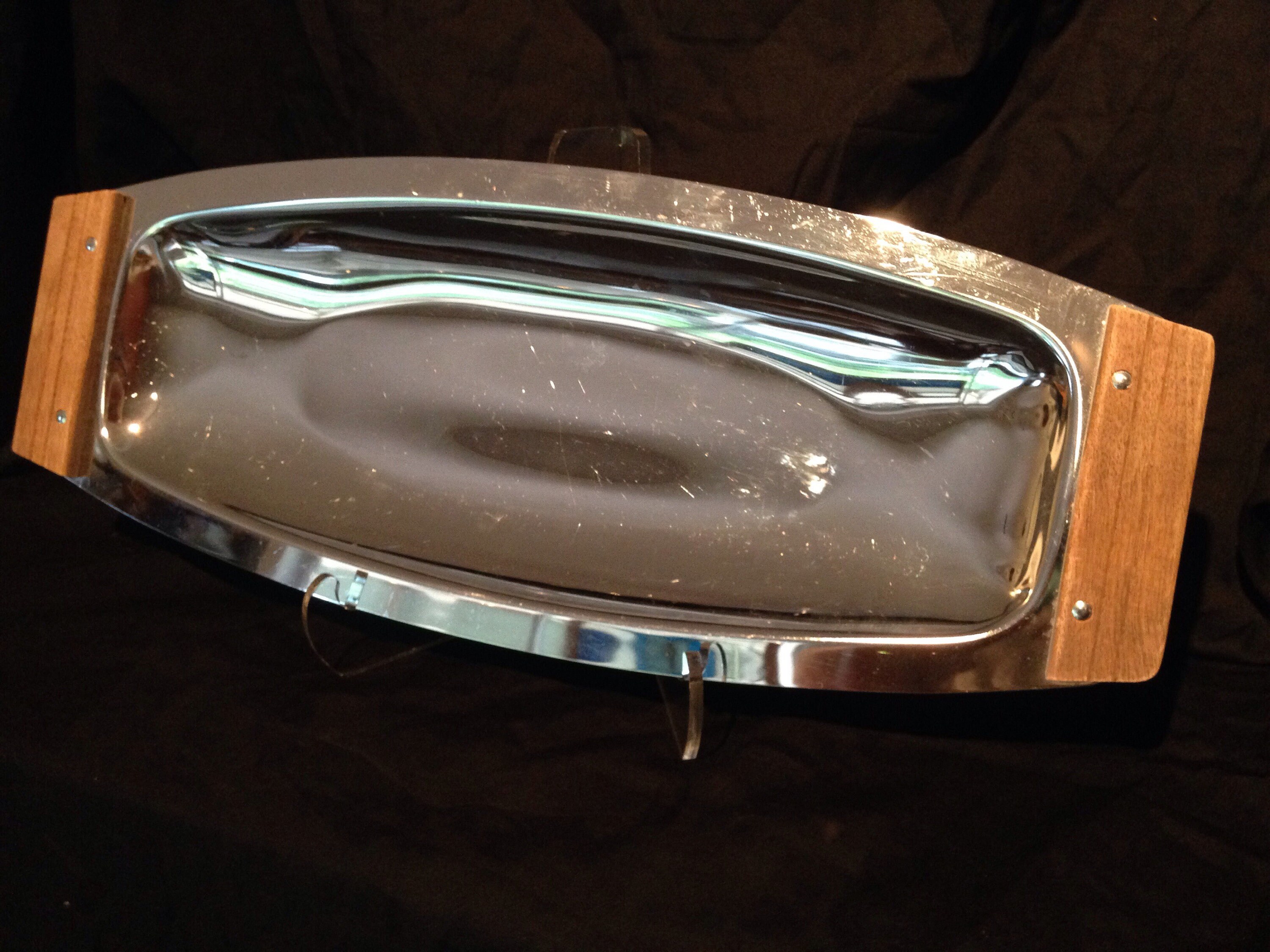 Vintage Chrome Kromex Serving Tray with Wood Handles Dining & Serving