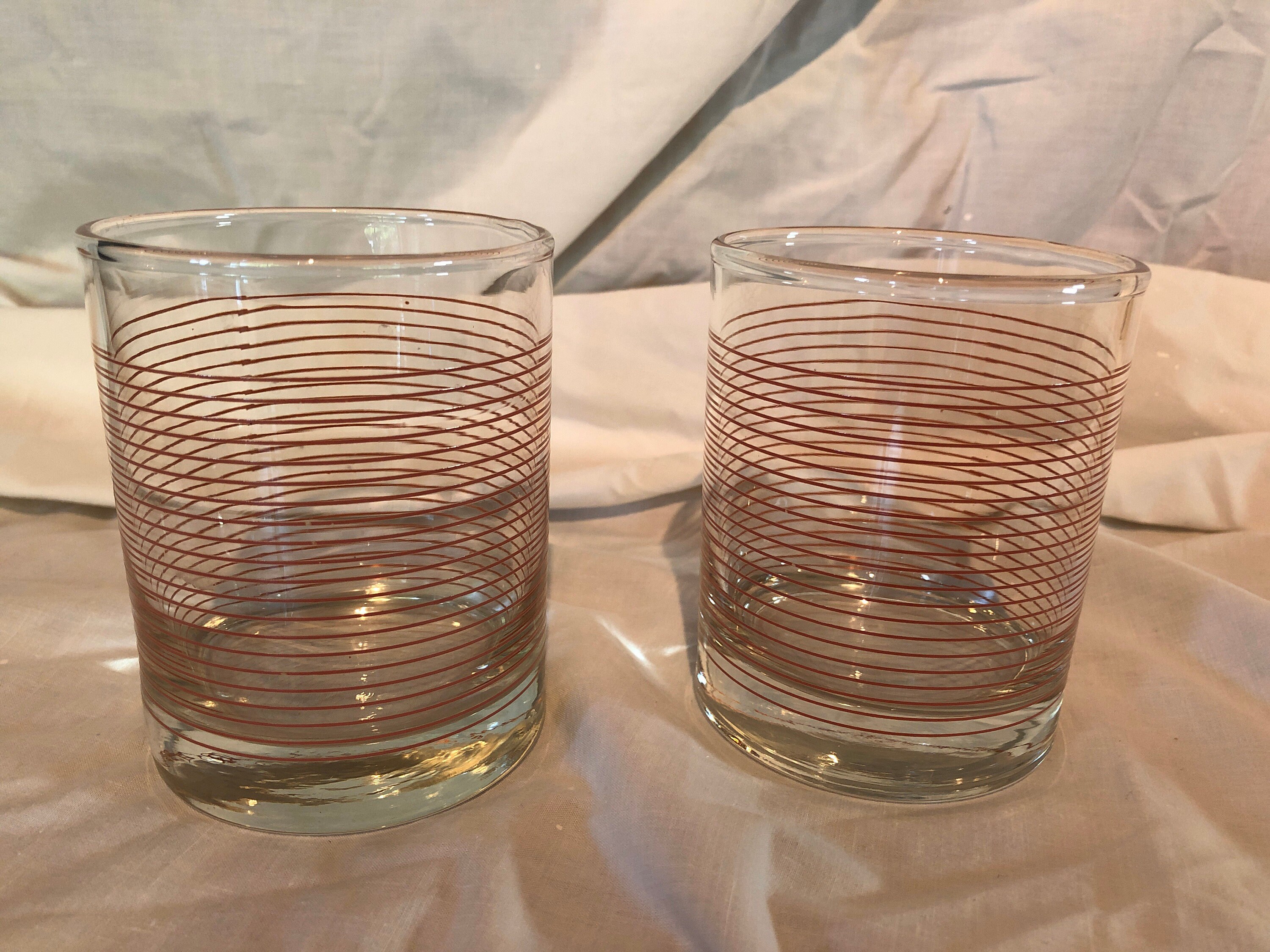 MCM vintage 2 drinking glasses red lines clear glass fun mid | Etsy