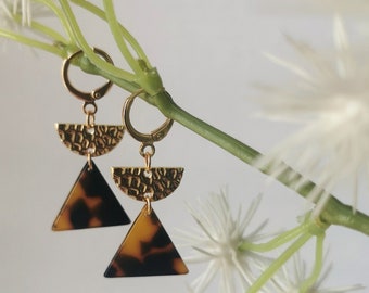 Geometric Earrings with Gold Plated Hammered Half Moon and Brown Tortoiseshell Triangle Charm 18k Gold Plated Lever Back Hoops