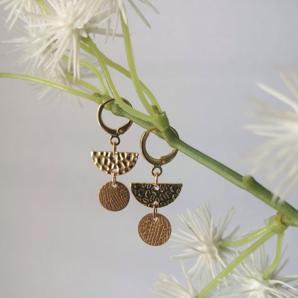 Geometric Earrings Hammered Gold Plated Half Moon and Brass Textured Circle Charm 18k Gold Plated Hoop Leverback Fastening