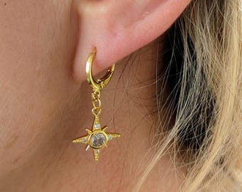 North Star Gold Cubic Zirconia Earrings on an 18k Gold Plated Huggie