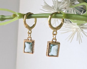 Light Blue Glass Gold Rectangle Earrings with 18k Gold Plated Huggie