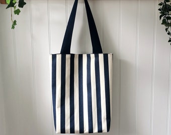 Large Sturdy Breton Striped Nautical Cotton Canvas Tote Bag in Navy & Oatmeal Beige with Optional Matching Purse