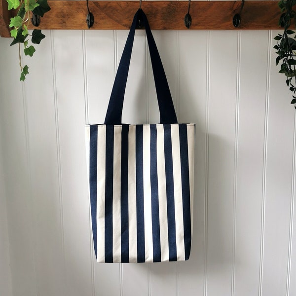 Large Sturdy Breton Striped Nautical Cotton Canvas Tote Bag in Navy & Oatmeal Beige with Optional Matching Purse