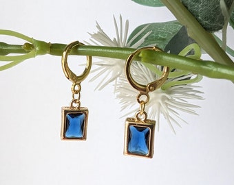 Sapphire Blue Glass Gold Rectangle Earrings with 18k Gold Plated Huggie