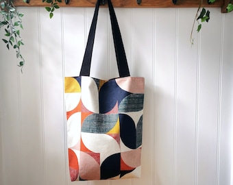 Large Colourful Cotton Tote Bag in Retro Scandi Geometric Multi Directional Tulip Print