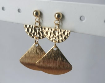 Gold Brass Curved Fan Textured Earrings with Hammered Gold Plated Half Moon Charm and 18K Gold Plated Ball Stud