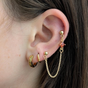 Può includere: Set di orecchini color oro. Include un piccolo cerchio, un bottone e un orecchino a doppio piercing con una catena e una gemma quadrata color arancione. Gli orecchini sono indossati su un orecchio.