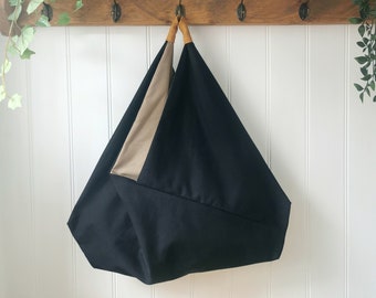 Black Canvas Slouchy Origami Bag with Taupe Cotton Lining and Mustard Herringbone Handle
