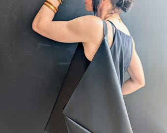 Black Vegan Leather Origami Bag With Faux Suede Straps and Gold