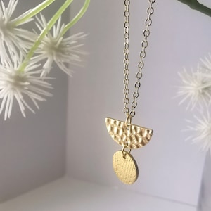Geometric Gold Necklace: Textured Brass Half Moon & Circle Charm