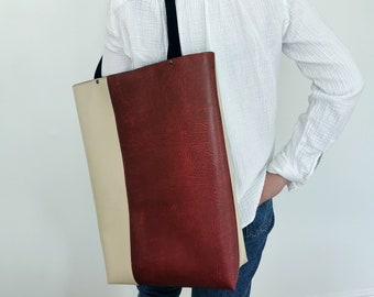 Vegan Leather Two Tone Tote Bag in Dark Red and Stone