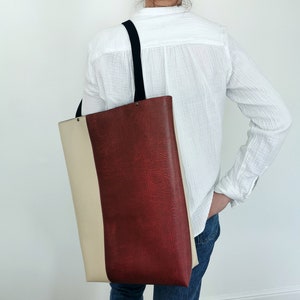 Vegan Leather Two Tone Tote Bag in Dark Red and Stone