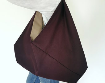 Aubergine Canvas Slouchy Origami Bag with Taupe Cotton Lining and Mustard Herringbone Handle