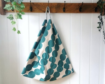 Origami Bag in Bobbin Shaped Pattern Print in Teal Green and Oatmeal Beige Background  and Sturdy Pale Mint Green Canvas Handle