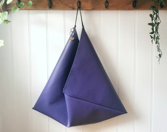 Purple Vegan Leather Origami Bag with Black Faux Suede Strap and Half Moon Charm