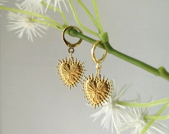 Ornate Gold Heart Earrings on 18k Gold Plated Lever Back Hoop Huggie