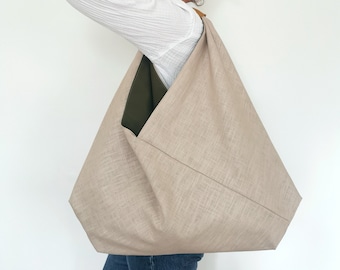 Large Natural Linen Slouchy Origami Bag with Olive Green Lining and Mustard Herringbone Handle