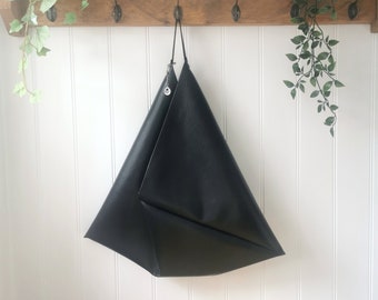 Black Vegan Leather Origami Bag with Faux Suede Strap and Charm