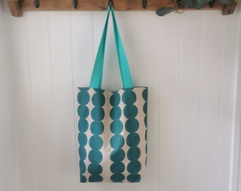 Large Panama Cotton Tote Bag in Teal Green Bobbin Print Pattern and Green Herringbone Cotton straps