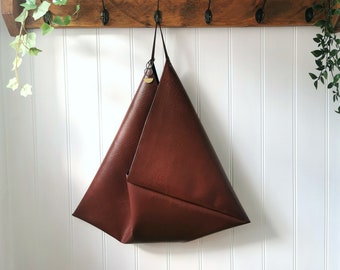 Chestnut Brown Vegan Leather Origami Bag with Faux Suede Straps and Gold Half Moon Charm