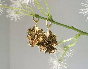 Gold Brass Sunburst Earrings on 18k Gold Plated Lever Back Hoop Huggie