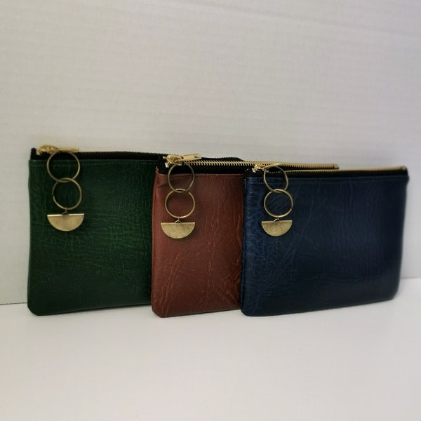 Vegan Leather Purse with Brass Zip and Half Moon Charm 6 Colour Choices