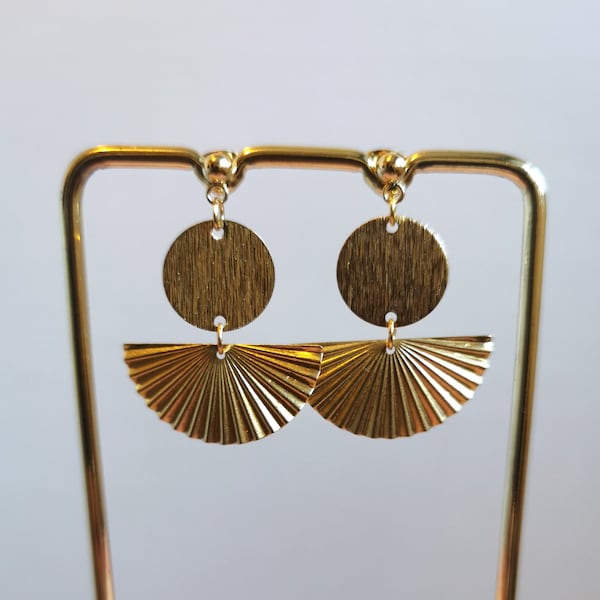 Art Deco Gold  Fan Earrings with Textured Brass Circle Charm and 18K Gold Plated Ball Stud Post