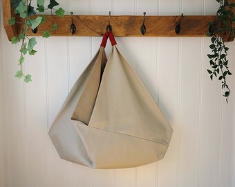 Natural Canvas Slouchy Origami Bag with Taupe Cotton Lining and Raspberry Red Linen Handle