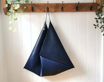 Navy Vegan Leather Origami Bag with Faux Suede Strap  and Charm