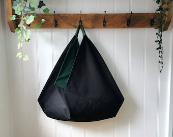 Black Canvas Slouchy Origami Bag with Bottle Green Lining and Green Linen Handle
