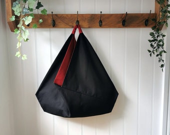 Black Canvas Slouchy Origami Bag with Rasberry Red Lining and Handle