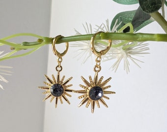 Gold Starburst Earrings with Deep Purple Glass Stone on an 18k Gold Plated Huggie