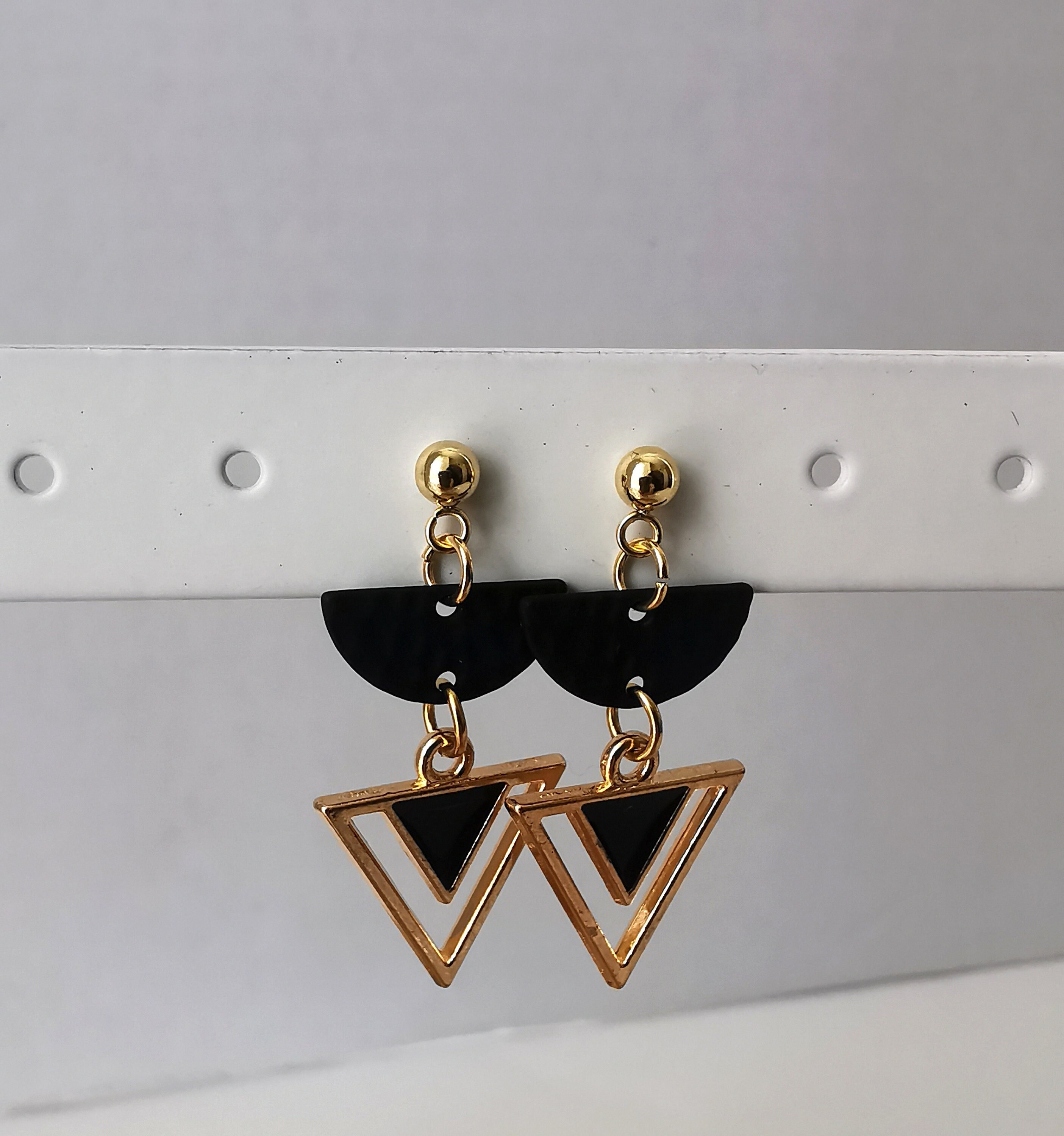 Gold Art Deco Inspired Triangle Earrings With Black Enamel Centre & Half Moon Hammered Charm 18K Plated Ball Stud Post