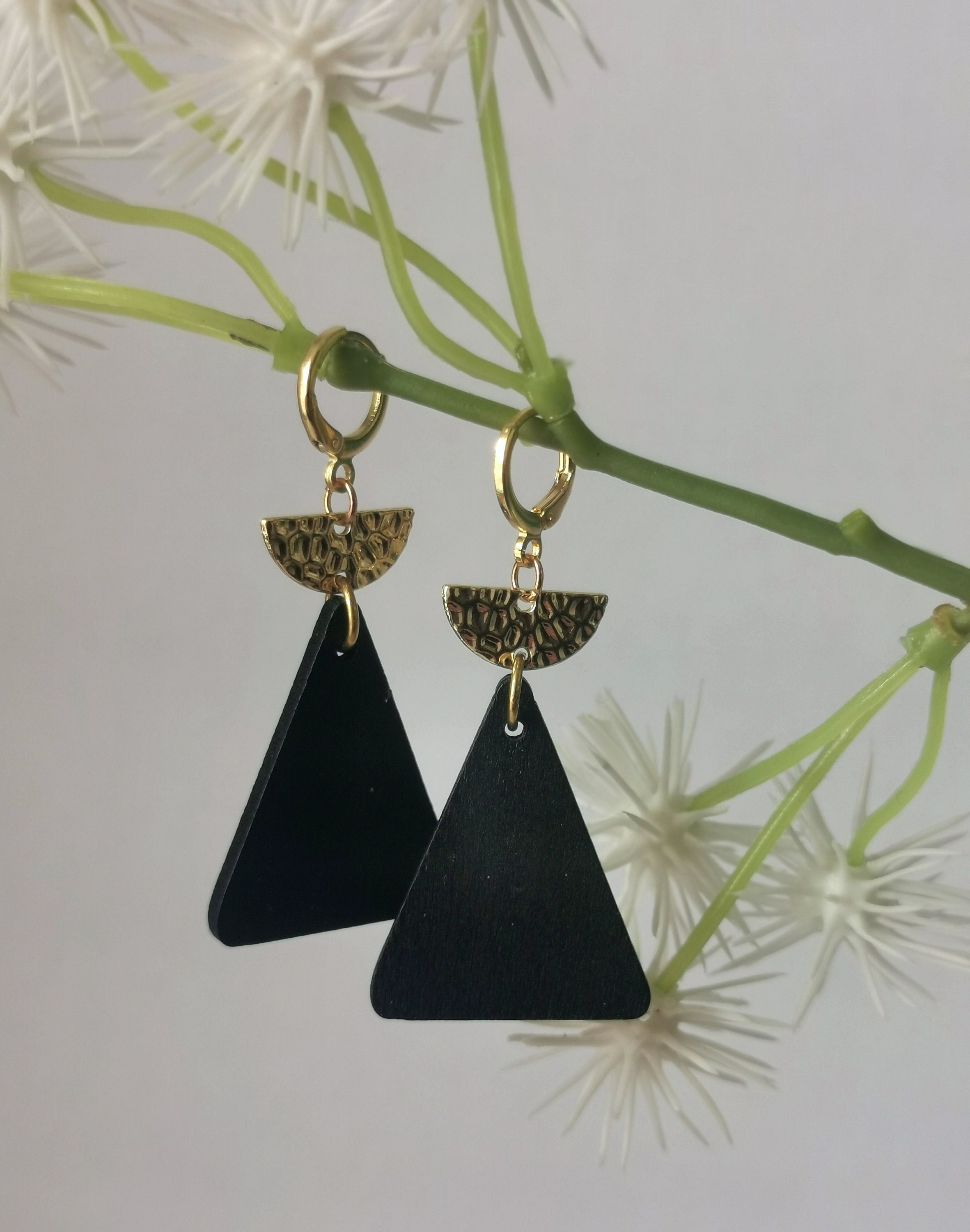 Geometric Earrings With Black Wooden Triangle & Hammered Gold Plated Half Moon Charm Round 18K Lever Back Hoops