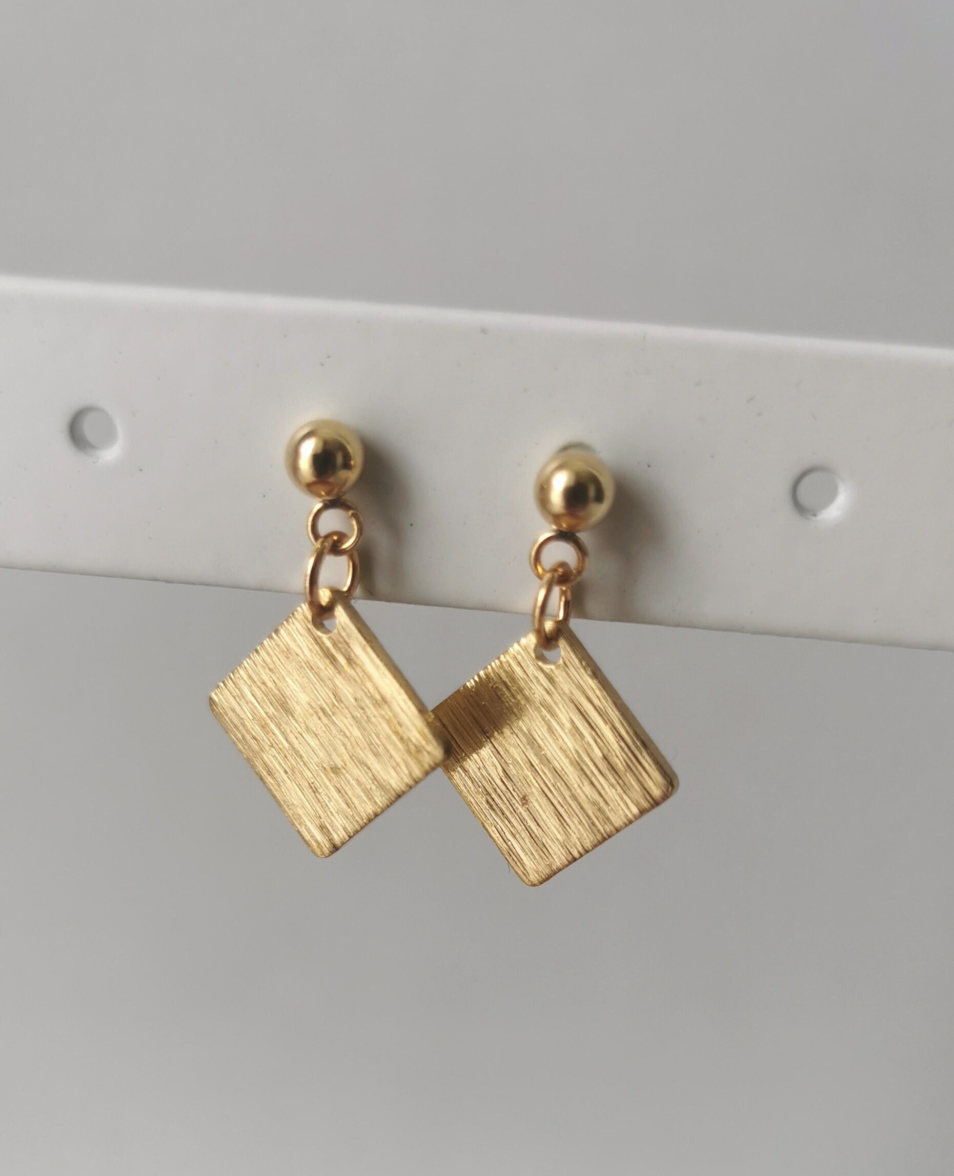 Gold Brass Geometric Earrings With Textured Rhombus Charm & 18K Plated Ball Stud