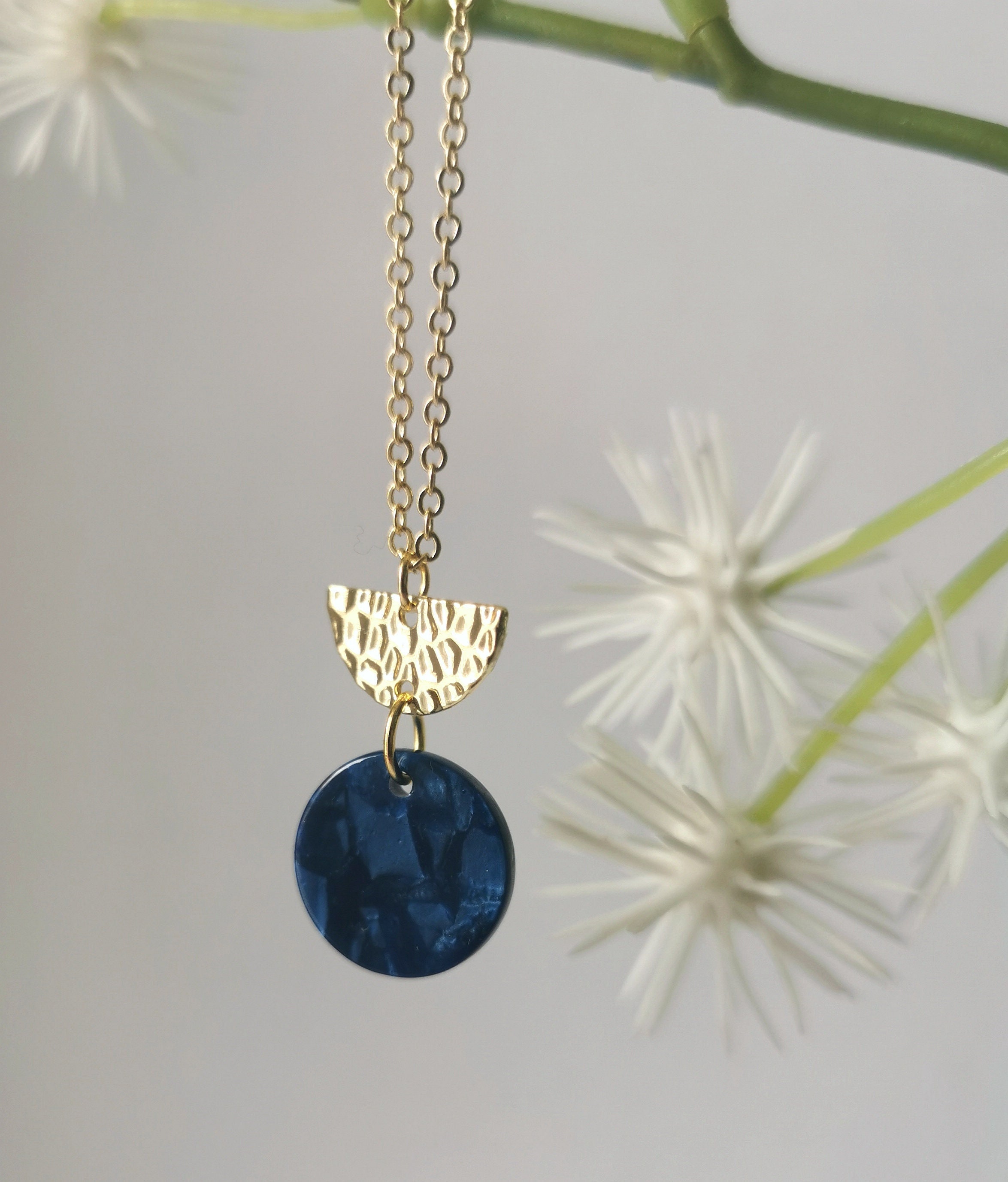 Geometric Necklace With Half Moon Textured Brass & Midnight Blue Tortoiseshell Circular Acrylic Charm On A Gold Plated Fine Chain