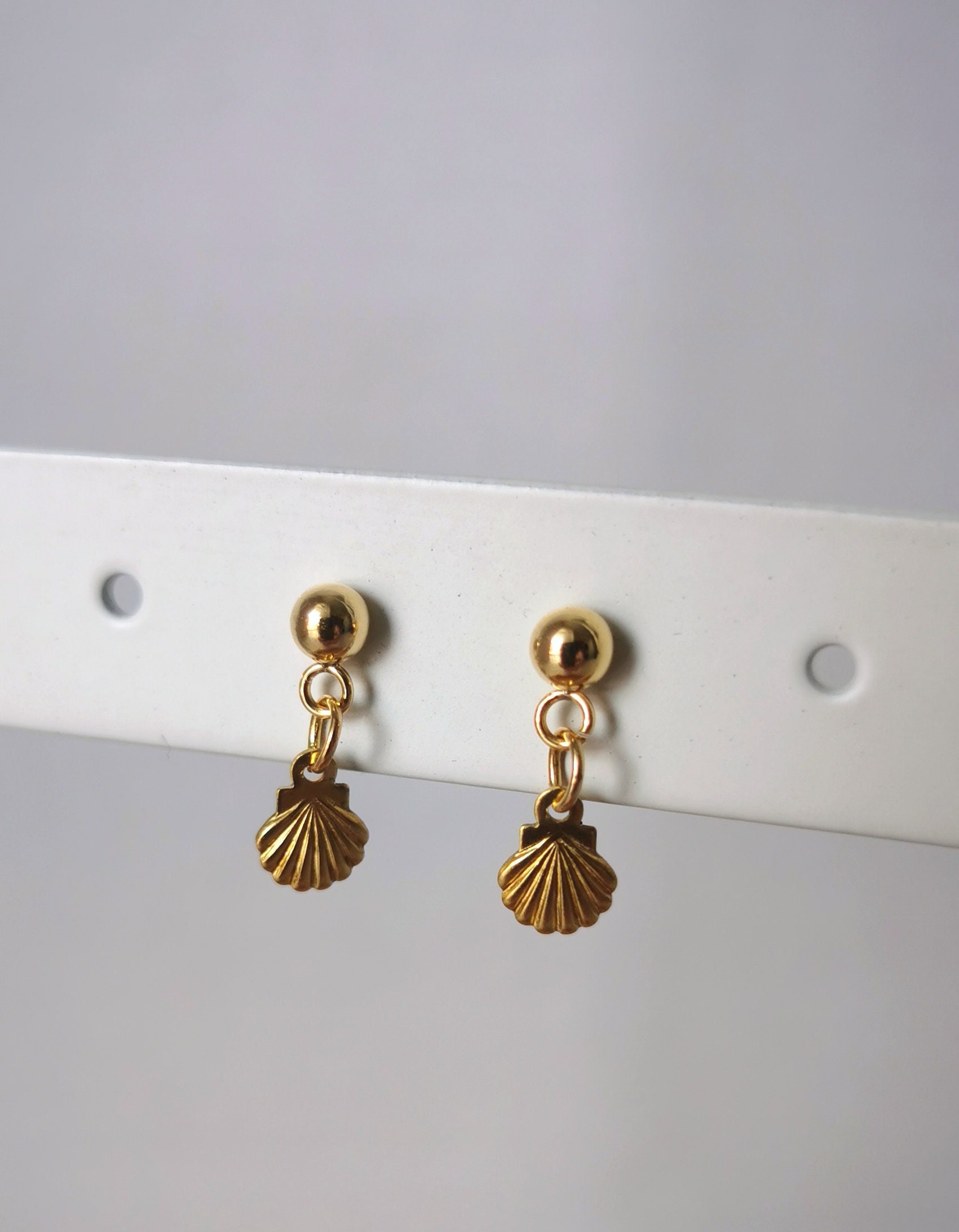 Teeny Tiny Gold Brass Delicate Shell Earrings With 18K Plated Ball Stud Post