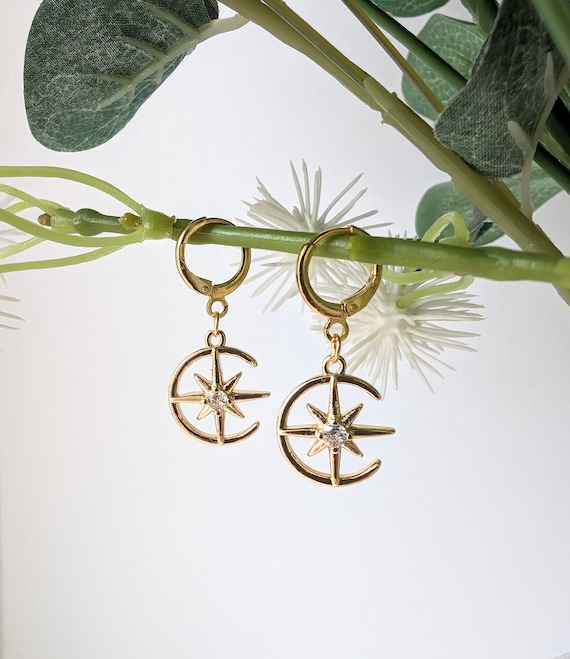 Boucles D'oreilles Créoles Pour Femme - Argent Sterling Avec Breloque étoile Et Lune - Zircone Cubique - Style Bohème