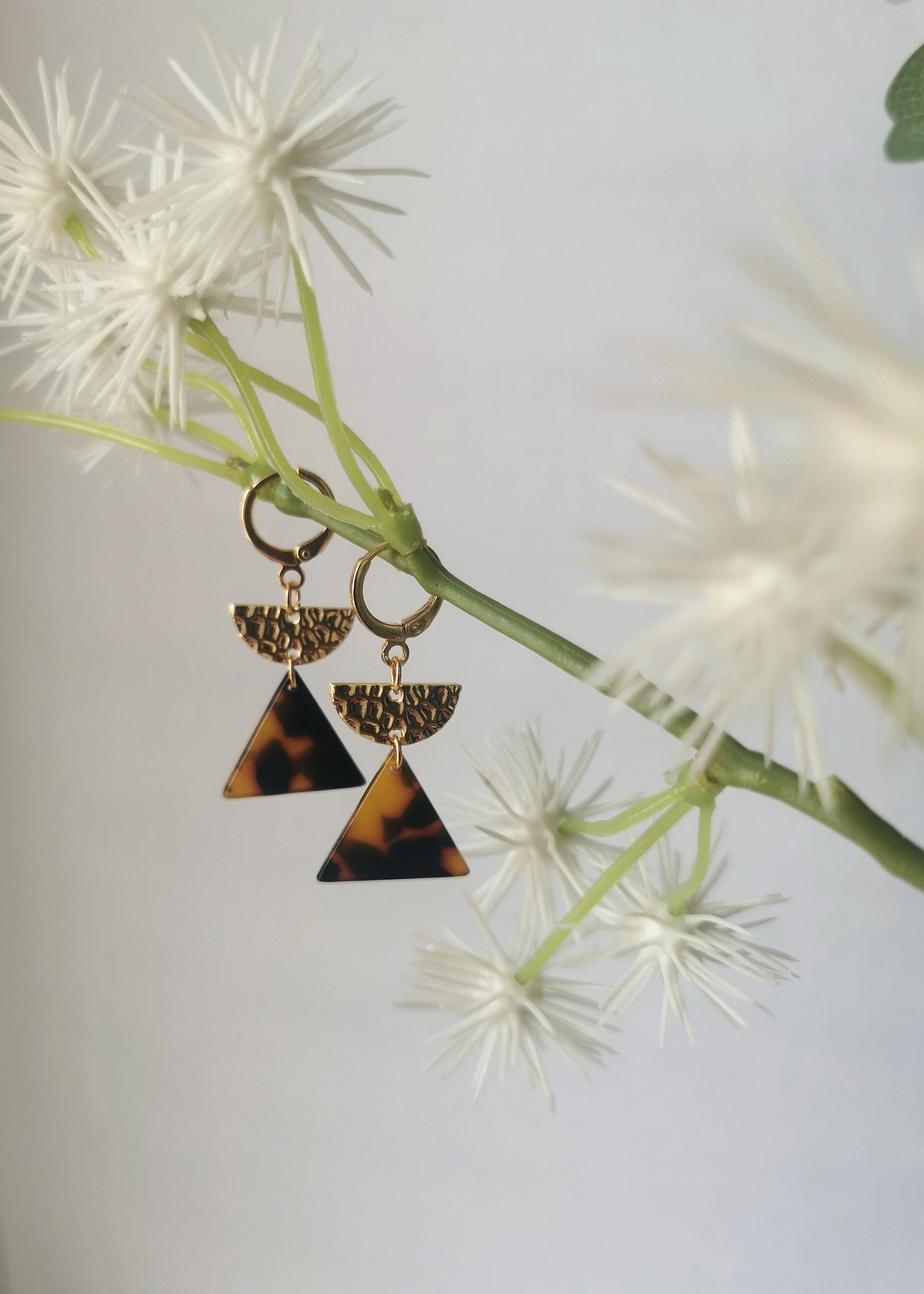 Geometric Earrings With Gold Plated Hammered Half Moon & Brown Tortoiseshell Triangle Charm 18K Lever Back Hoops