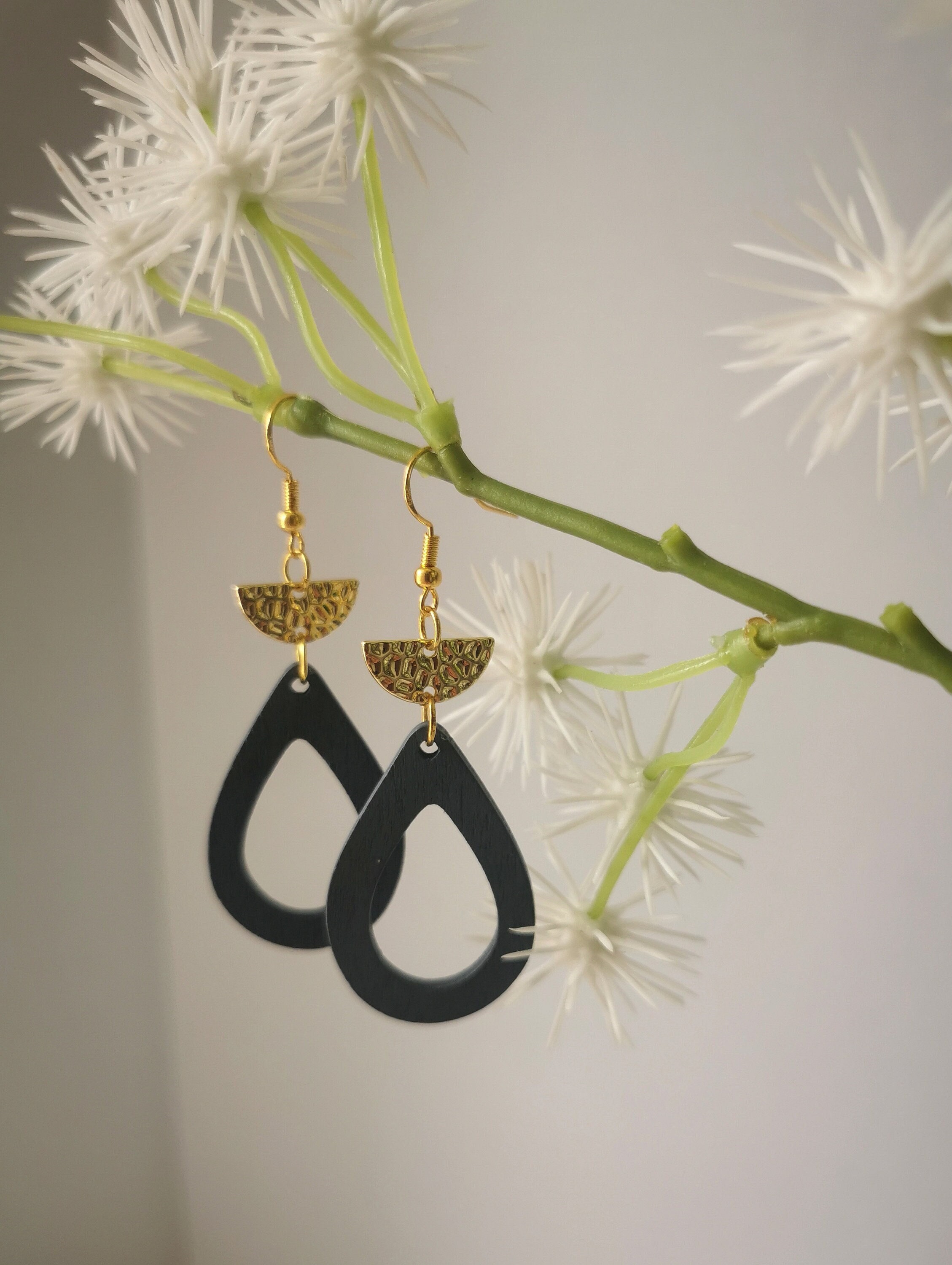 Beautiful Geometric Earrings With Dove Grey Wooden Teardrop & Textured Brass Rhombus Charm