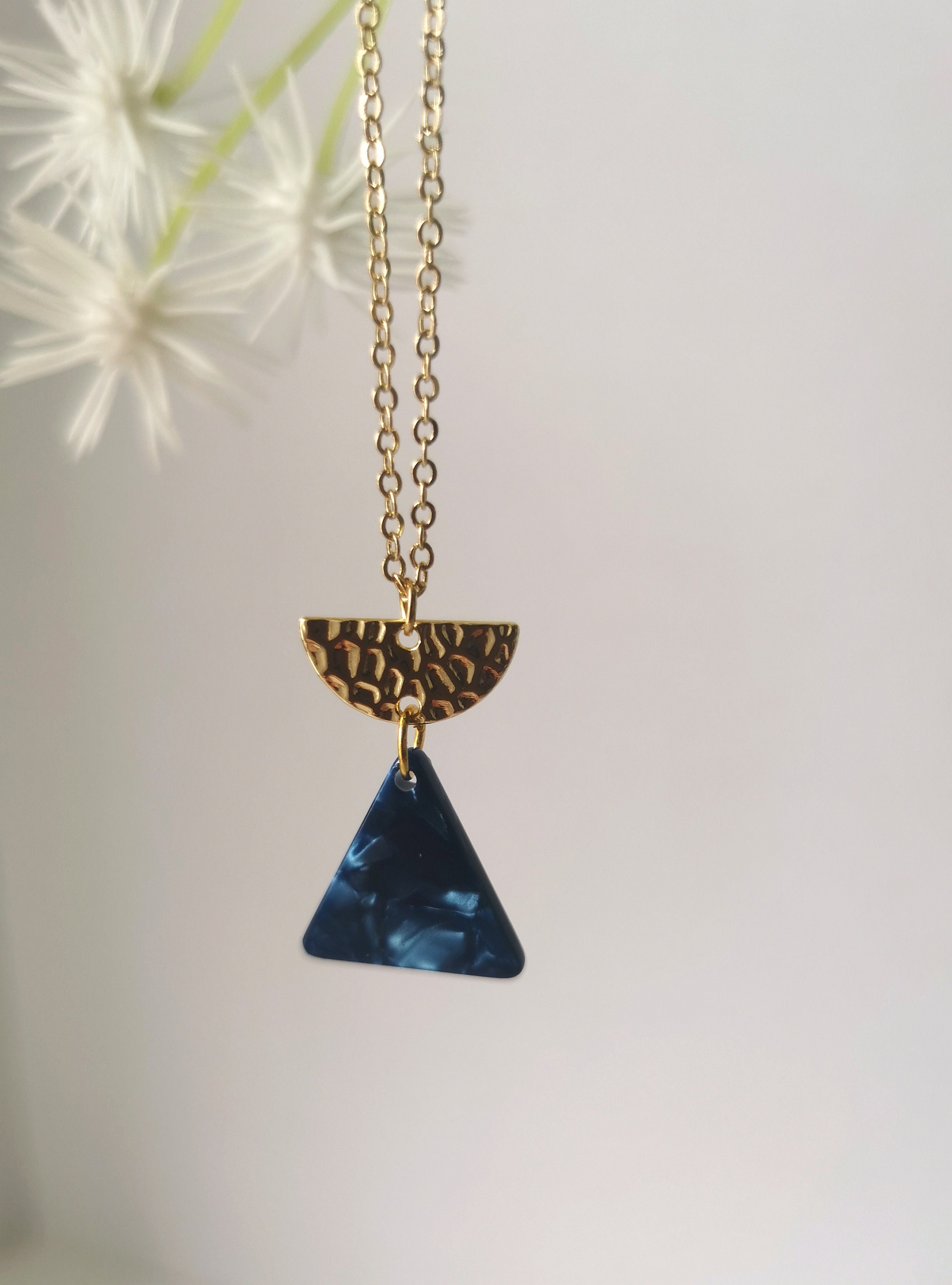 Geometric Art Deco Inspired Necklace With A Half Moon Textured Brass & Midnight Blue Tortoiseshell Triangle Charm Gold Plated Fine Chain