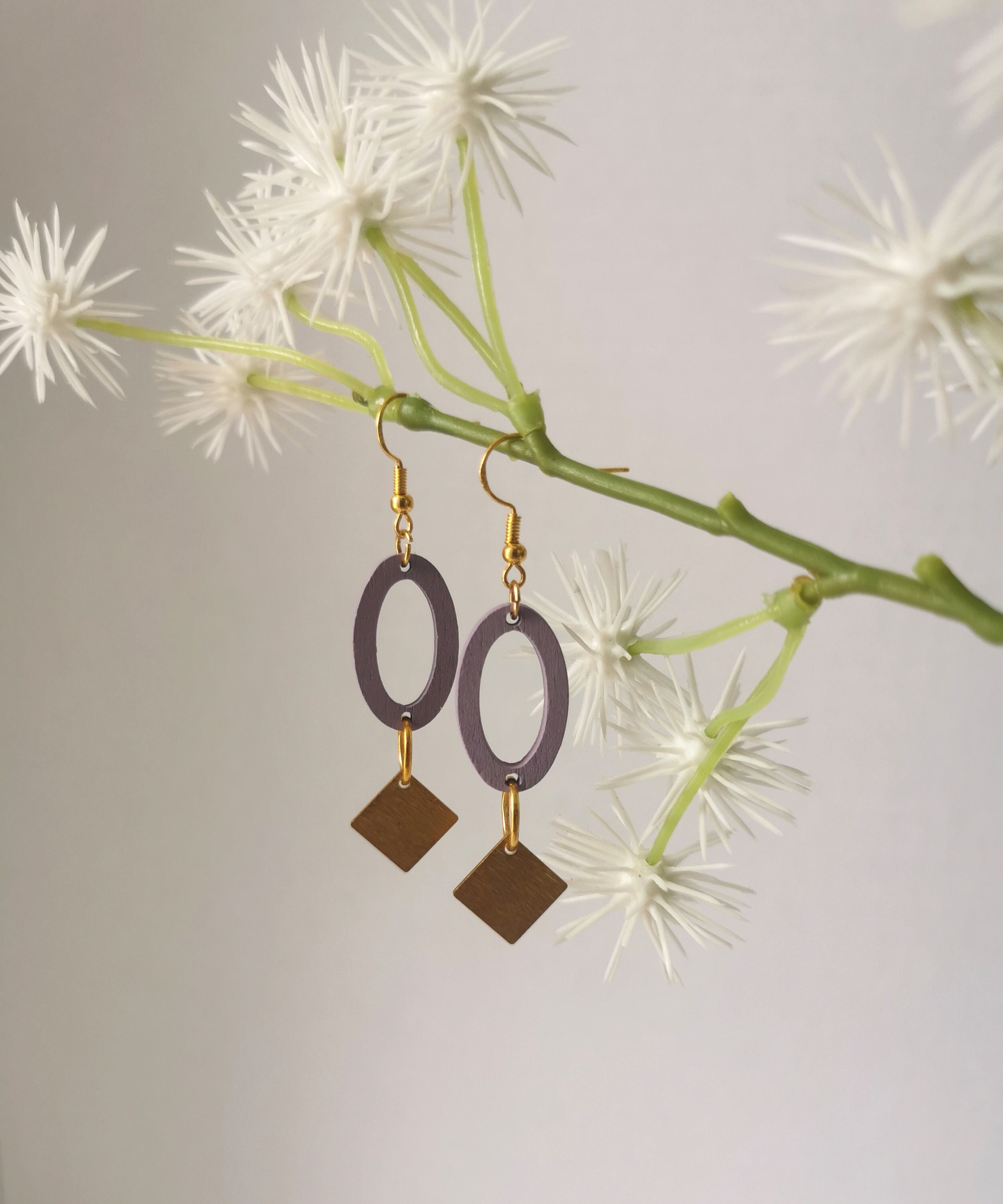Pretty Geometric Earrings With Lilac Wooden Oval & Textured Brass Rhombus Charm