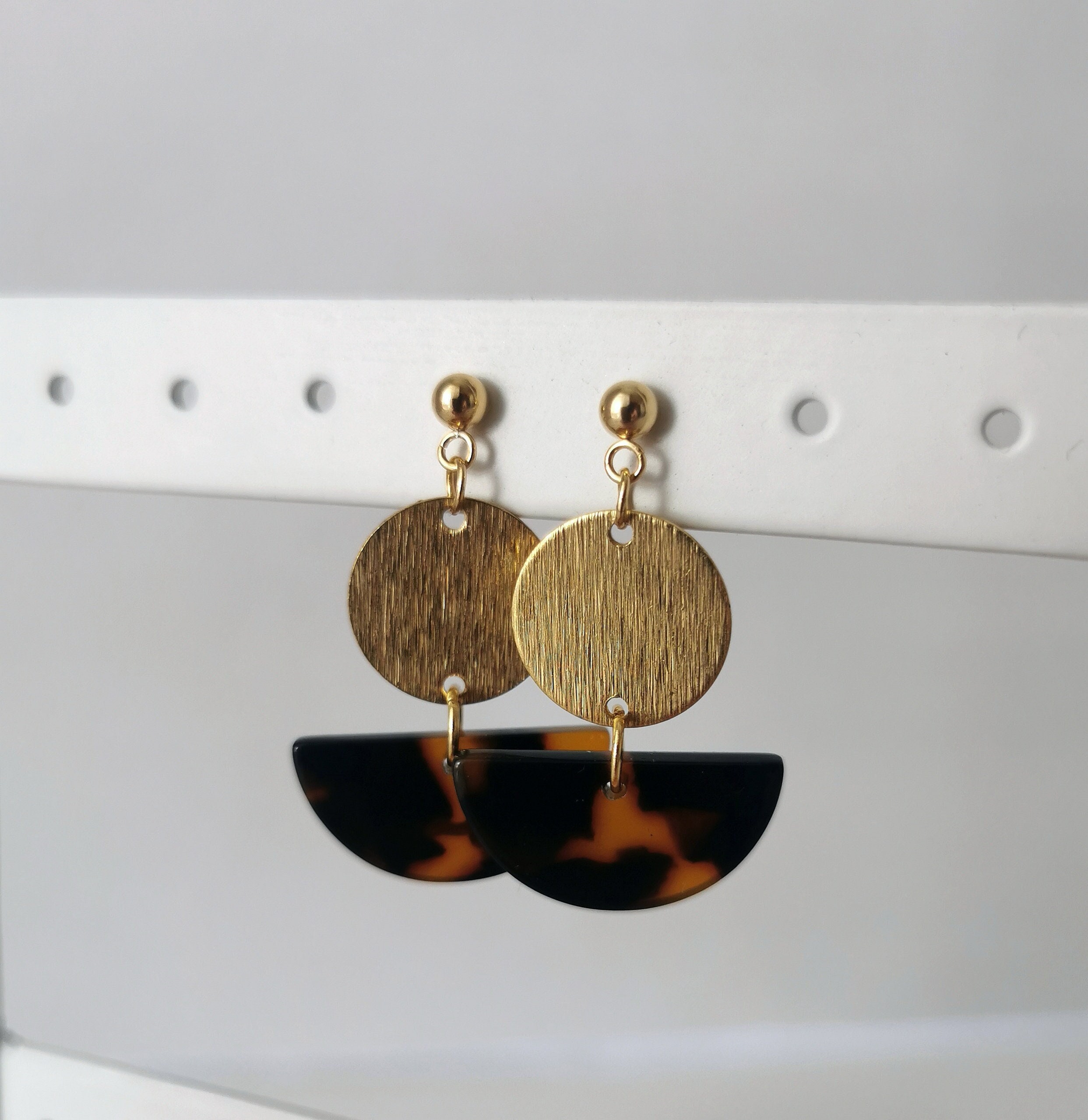 Minimalist Browntortoiseshell Half Moon Earrings With Textured Circular Charm & 18K Gold Plated Ball Stud Post
