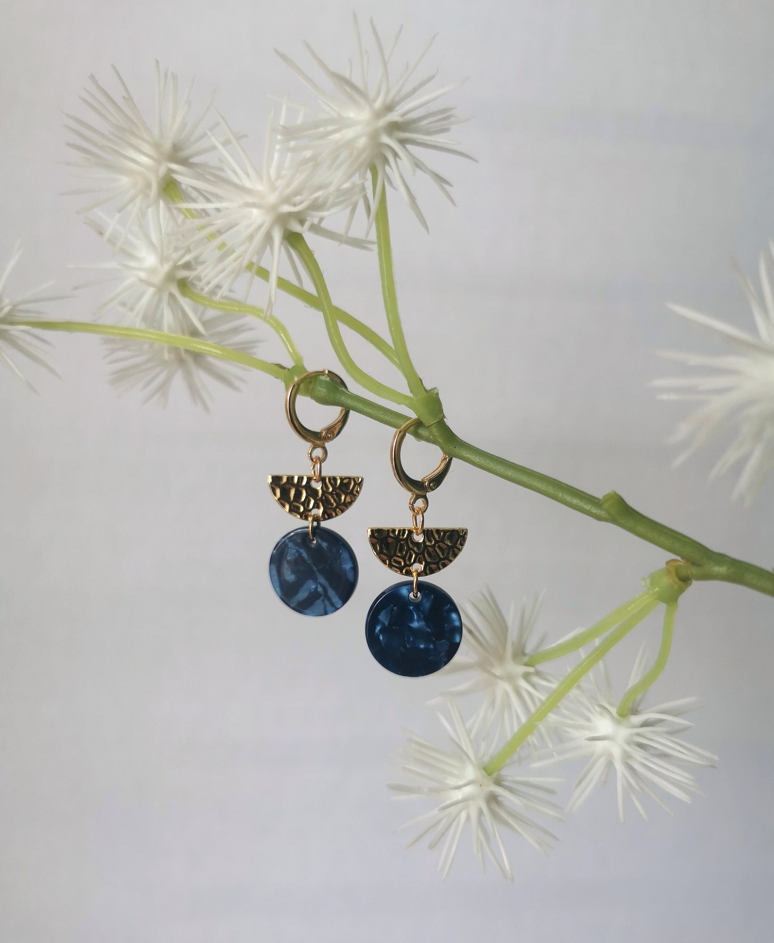 Geometric Earrings With Half Moon Textured Brass & Midnight Blue Circular Tortoiseshell Charm 18K Gold Plated Hoop Leverback Fastening