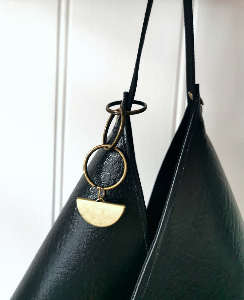 Black Vegan Leather Origami Bag with Faux Suede Straps and Gold Half Moon Charm image 4
